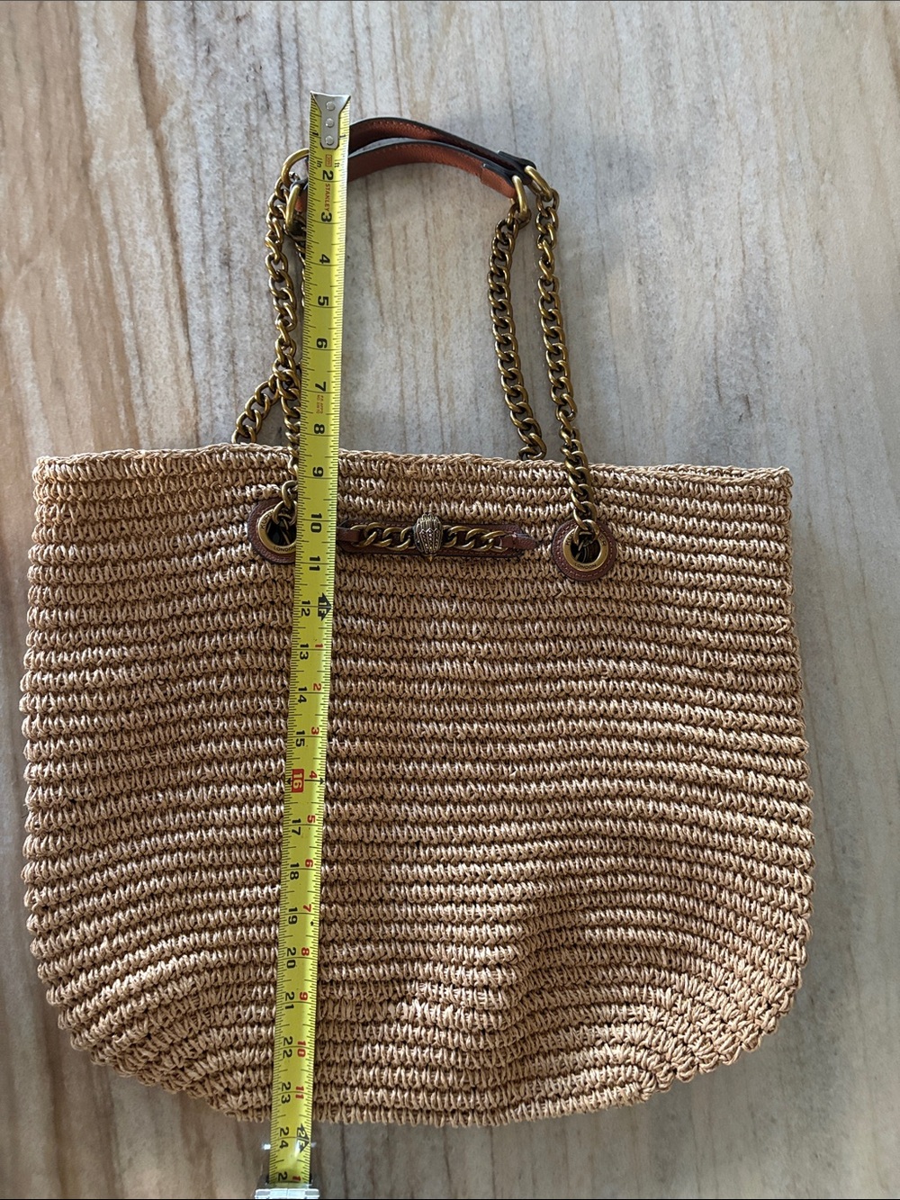 Kurt Geiger Beige Straw Tote with Brown Leather & Gold Chain Handles - Picture 9 of 10